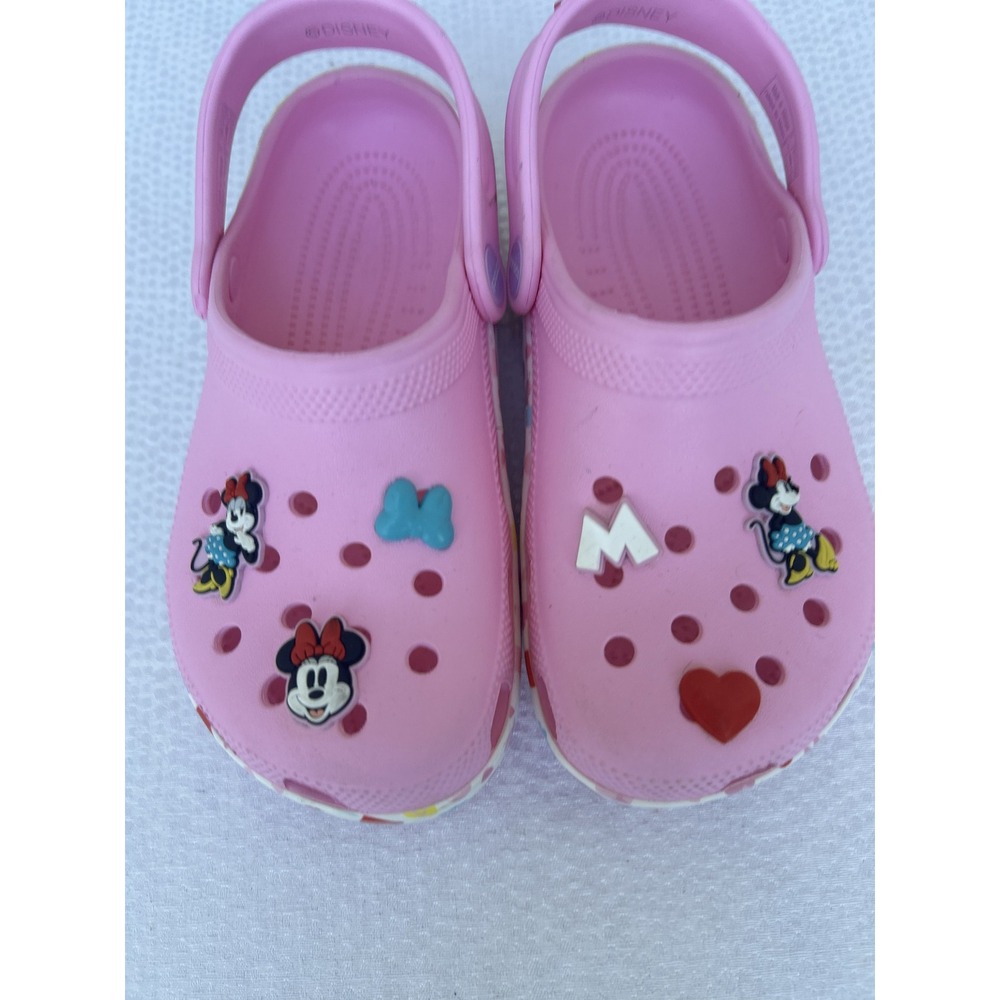 Crocs Kids Disney Minnie Mouse Clogs Pink Jibbitz Charms Size J2 Junior 2